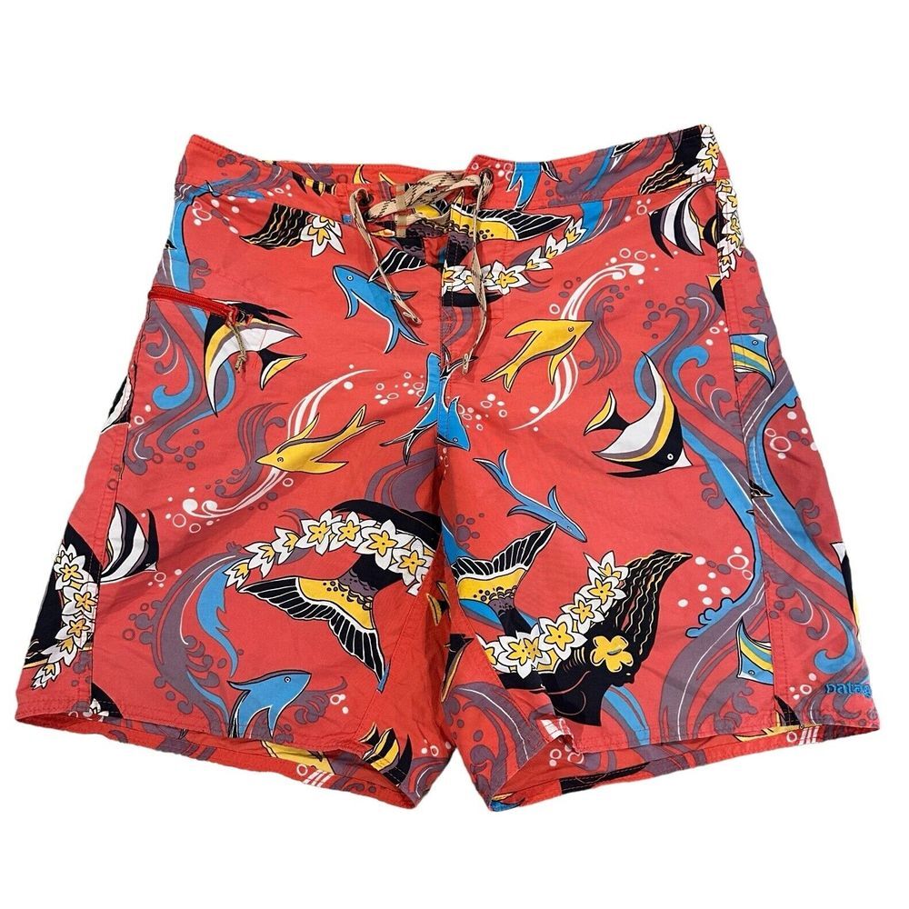 Patagonia Mens Size 30 Swim Board 8" Shorts Nylon Linerless Coral Fish Print euc